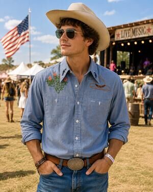 Vintage Embroidered Western Cowboy Shirt Mens Large